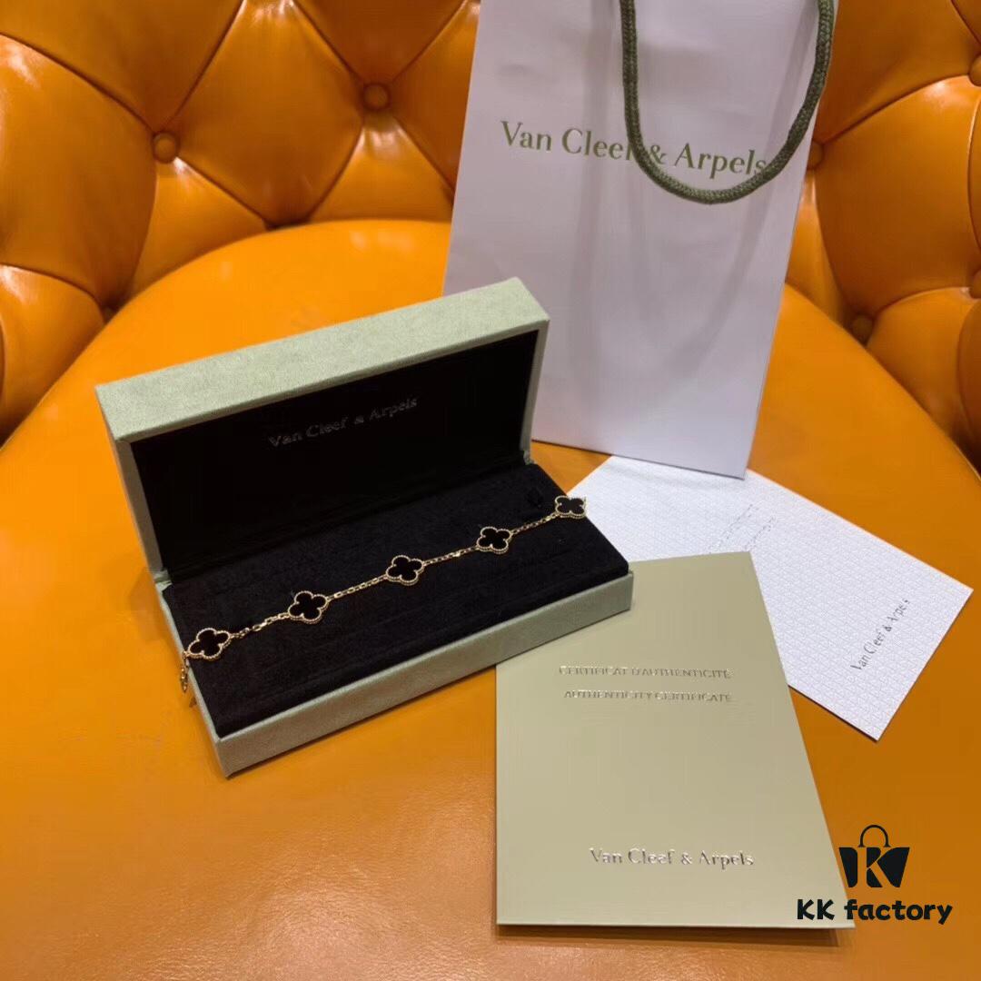 692fbee899f2d84055c87f5f High Version VCA Van Cleef & Arpels Black Onyx Alhambra Five-Leaf Bracelet in Imported Sterling Silver with 18K Gold Plating