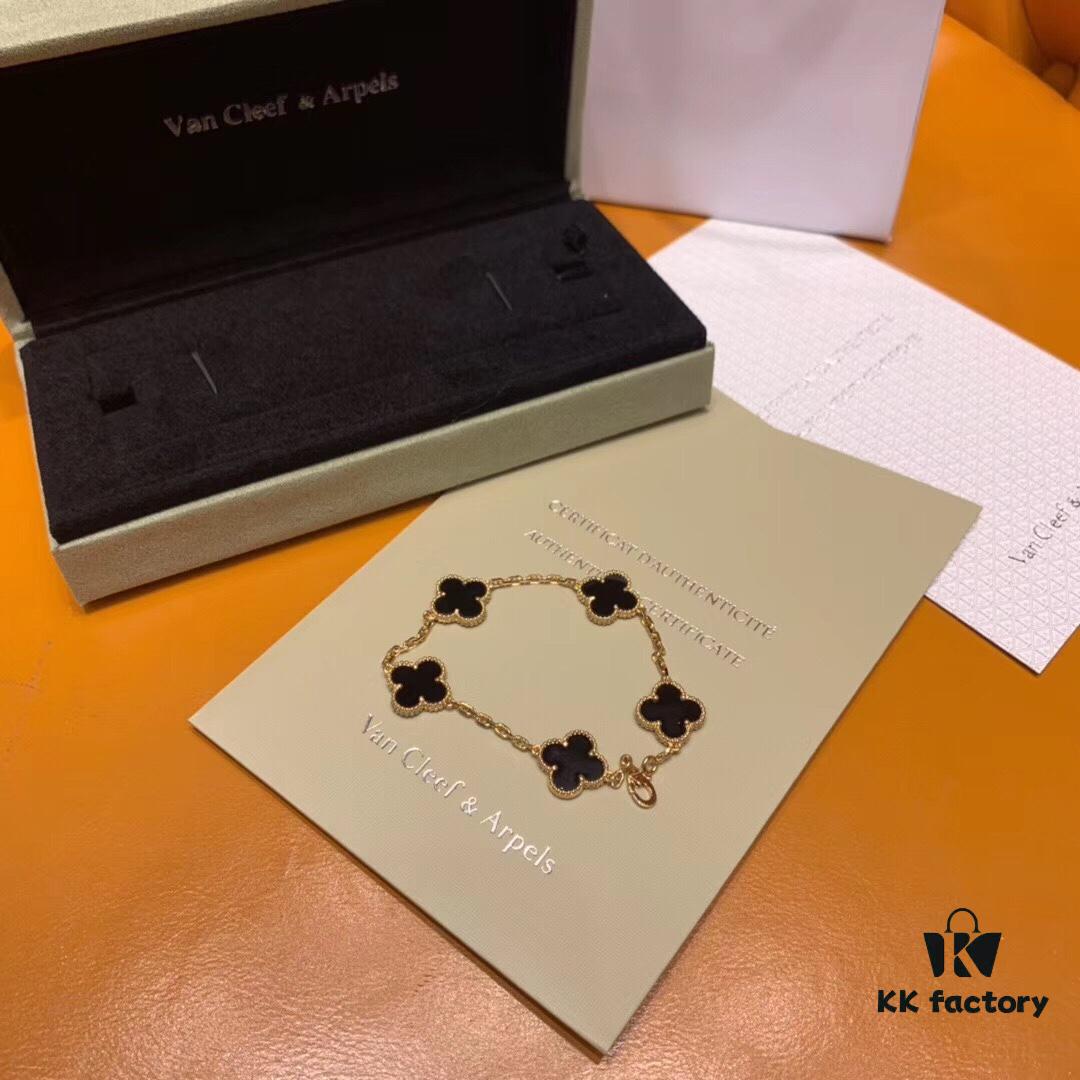 692fbee999f2d84055c87f60 High Version VCA Van Cleef & Arpels Black Onyx Alhambra Five-Leaf Bracelet in Imported Sterling Silver with 18K Gold Plating