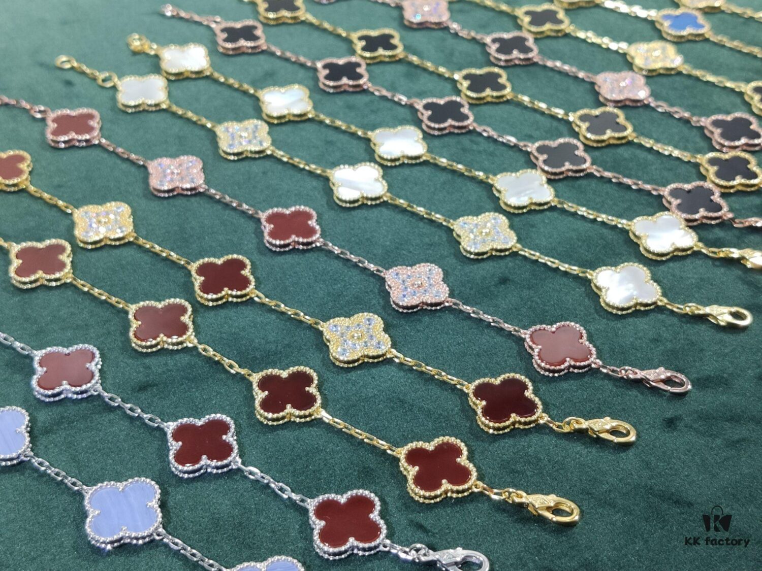 692fbeea99f2d84055c87f61 Van Cleef & Arpels VCA Five-Flower Bracelet, Authentic Design! The four-leaf mother-of-pearl motif features smooth, elegant lines with hand-polished small beads for a full, three-dimensional appearance. Custom lobster clasp with exclusive anti-counterfeit code—each bracelet carries a unique identification number, ensuring authenticity. Hand-engraved chain links, each with four faceted surfaces, showcase impeccable craftsmanship and refined elegance. Beautiful when worn alone or layered.