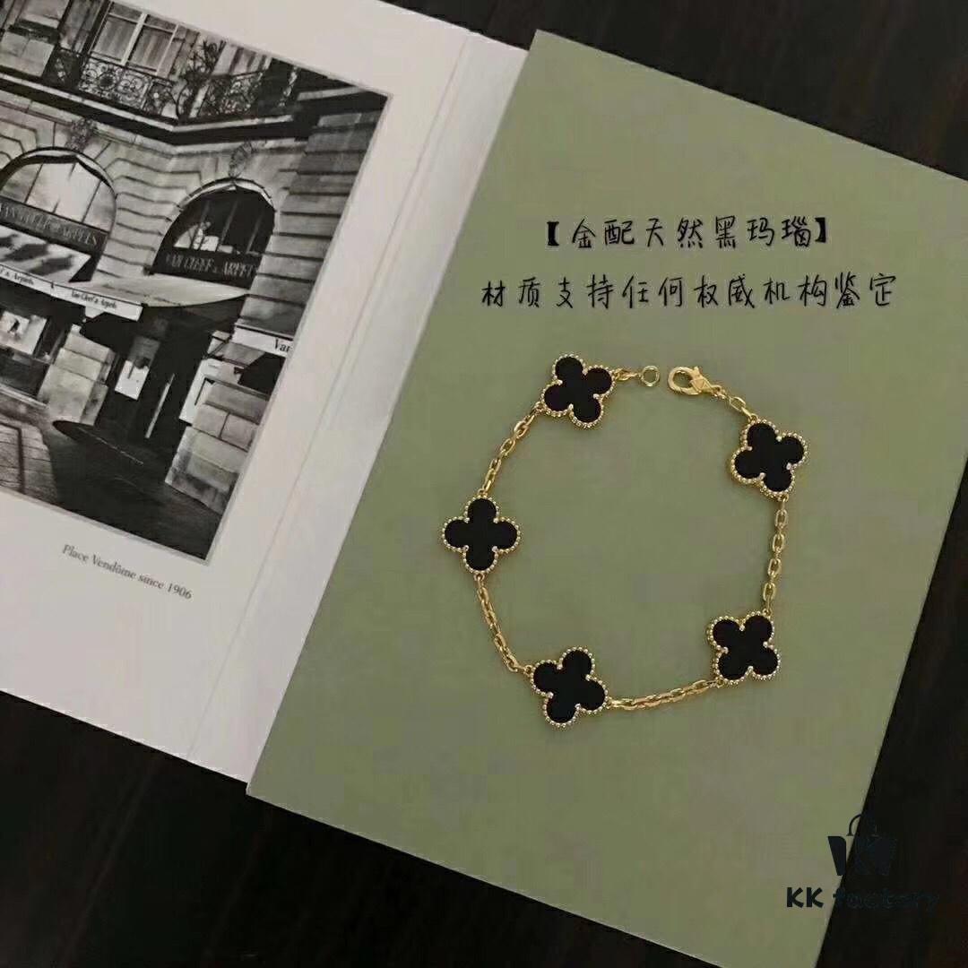 692fbf1d99f2d84055c87fc0 High-Version VCA Van Cleef & Arpels Black Onyx Four-Leaf Clover Five-Petal Bracelet, 18K Gold Plated on Imported Sterling Silver, Brilliant Diamonds, Elegant Rhombus Clasp