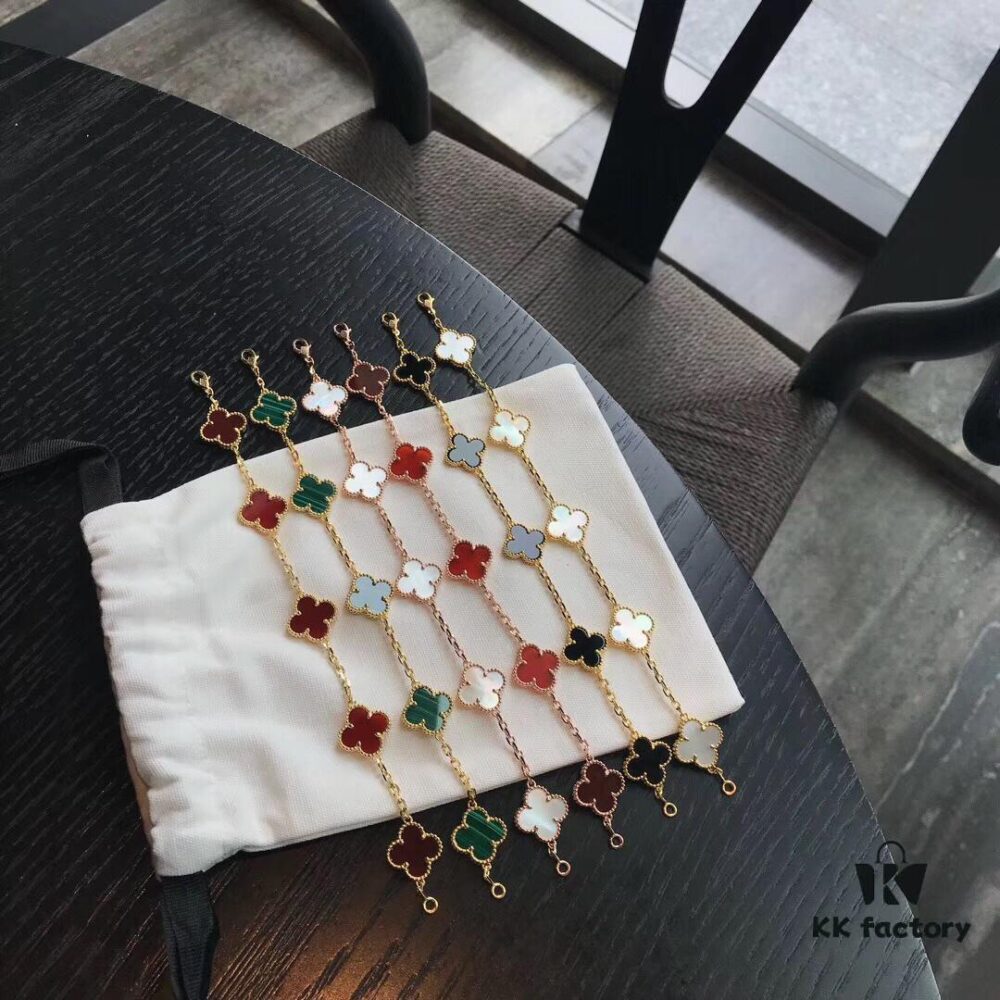 692fbf4b99f2d84055c88000 VCA Red Carnelian / White Mother of Pearl / Black Onyx # Malachite # Sterling Silver Super Version Four-Leaf Clover 5-Flower Bracelet, In Stock Ready to Ship
