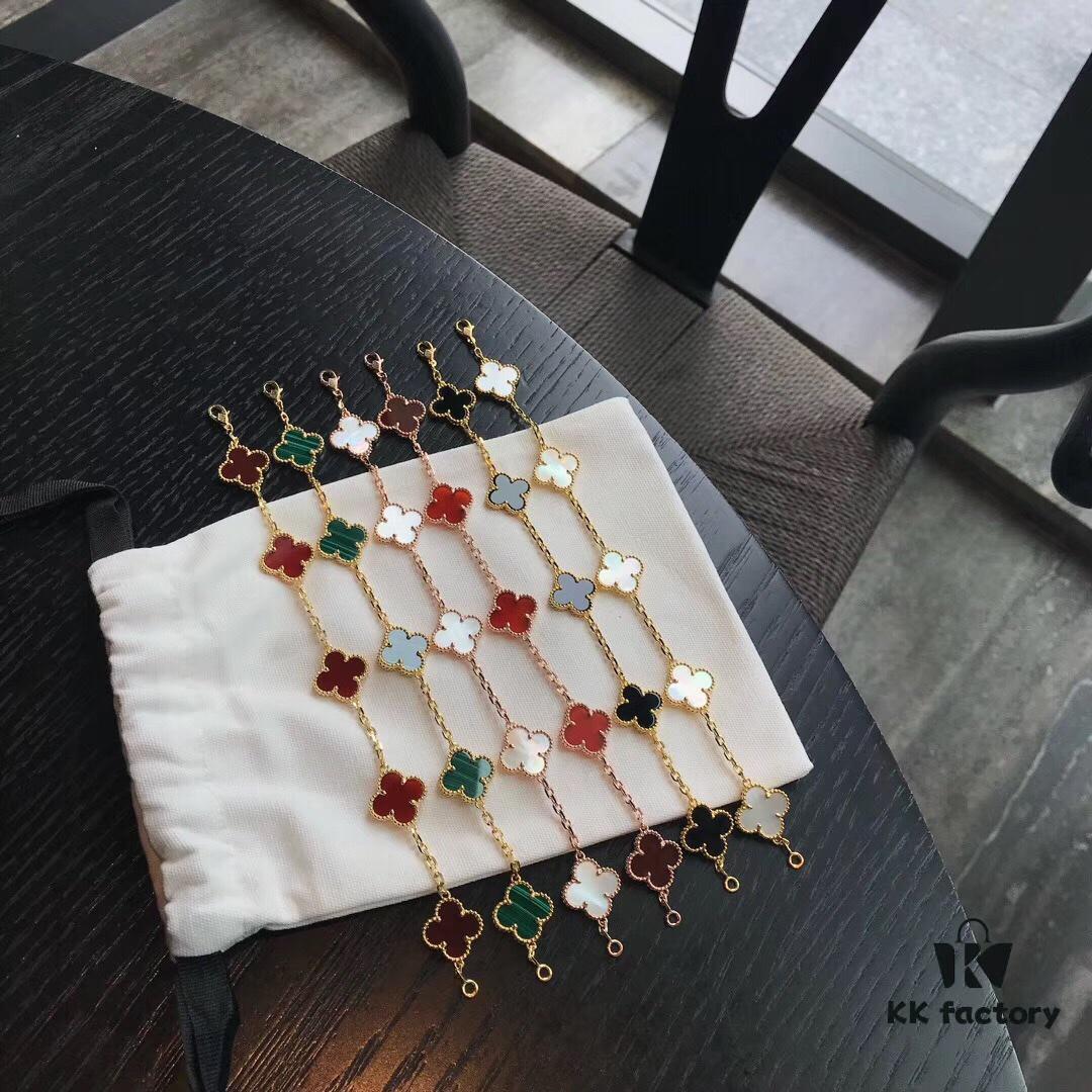 692fbf4b99f2d84055c88000 VCA Red Carnelian / White Mother of Pearl / Black Onyx # Malachite # Sterling Silver Super Version Four-Leaf Clover 5-Flower Bracelet, In Stock Ready to Ship