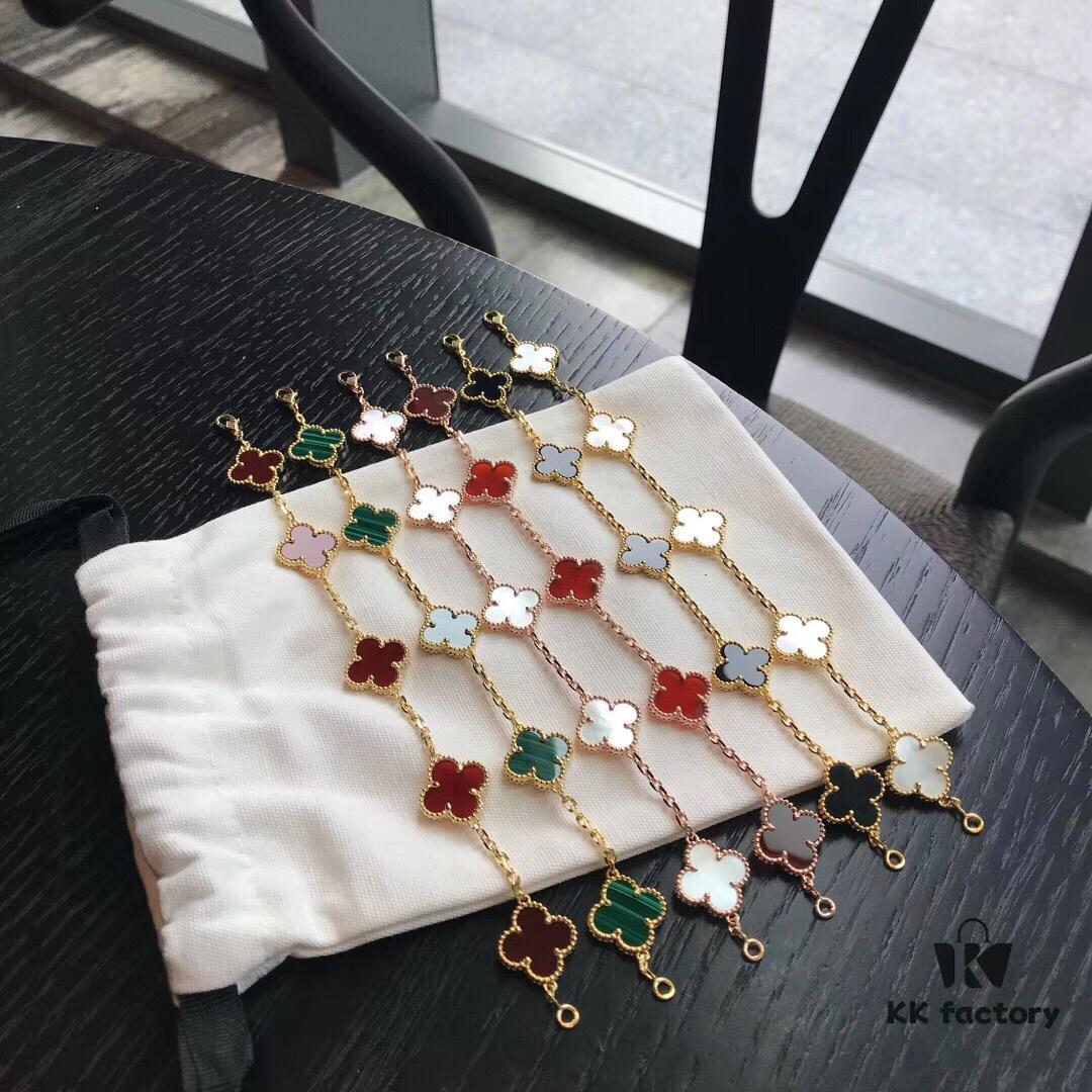 692fbf4c99f2d84055c88002 VCA Red Carnelian / White Mother of Pearl / Black Onyx # Malachite # Sterling Silver Super Version Four-Leaf Clover 5-Flower Bracelet, In Stock Ready to Ship