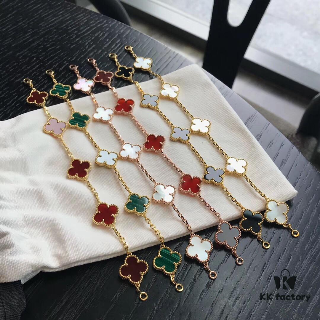 692fbf4c99f2d84055c88003 VCA Red Carnelian / White Mother of Pearl / Black Onyx # Malachite # Sterling Silver Super Version Four-Leaf Clover 5-Flower Bracelet, In Stock Ready to Ship