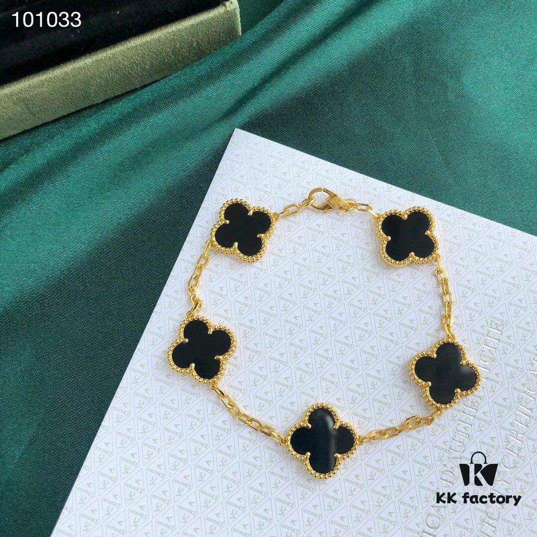 692fbf7899f2d84055c8803e Van Cleef & Arpels VCA Four-Leaf Clover Five-Petal Bracelet, 925 Silver Plated with 18K Gold, Mother of Pearl and Black Onyx, Authentic Packaging