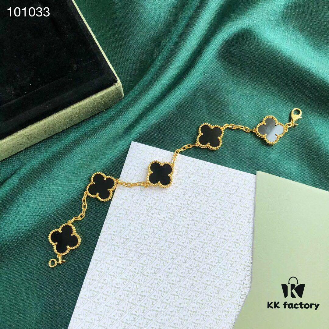 692fbf7899f2d84055c8803f Van Cleef & Arpels VCA Four-Leaf Clover Five-Petal Bracelet, 925 Silver Plated with 18K Gold, Mother of Pearl and Black Onyx, Authentic Packaging