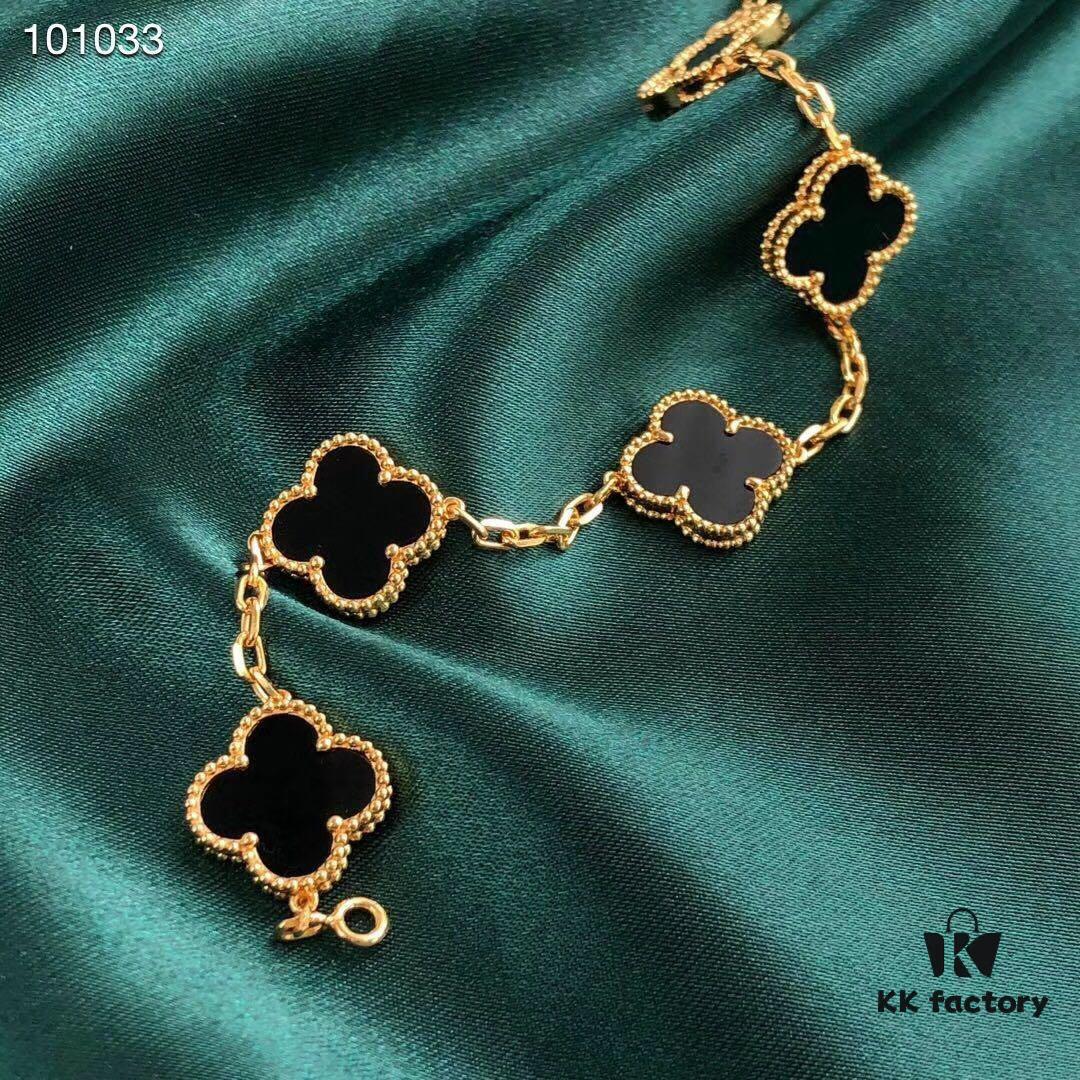 692fbf7899f2d84055c88040 Van Cleef & Arpels VCA Four-Leaf Clover Five-Petal Bracelet, 925 Silver Plated with 18K Gold, Mother of Pearl and Black Onyx, Authentic Packaging