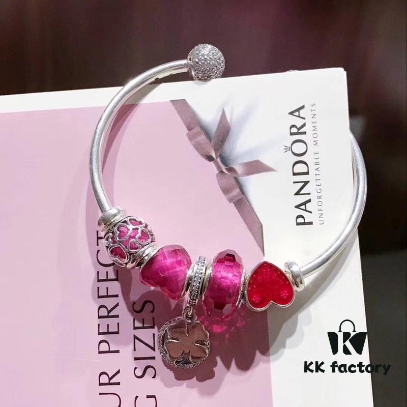 692fc02799f2d84055c88148 Pandora Enamel Red Clover New Arrival! Rose Red Faceted Glass, Heart-shaped Red Enamel, Sparkling Diamond Clover Pendant with Diamond-encrusted Open Bangle