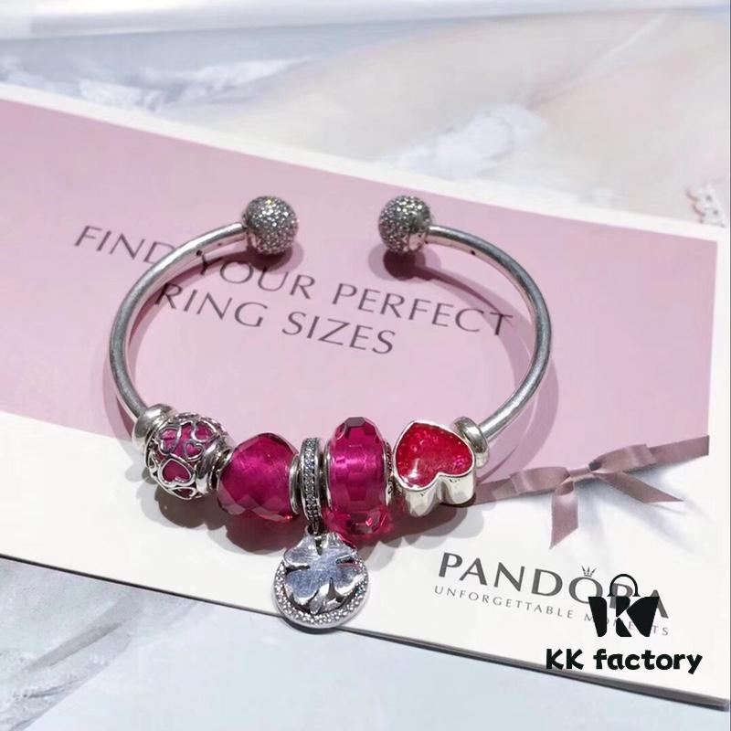 692fc02899f2d84055c8814c Pandora Enamel Red Clover New Arrival! Rose Red Faceted Glass, Heart-shaped Red Enamel, Sparkling Diamond Clover Pendant with Diamond-encrusted Open Bangle