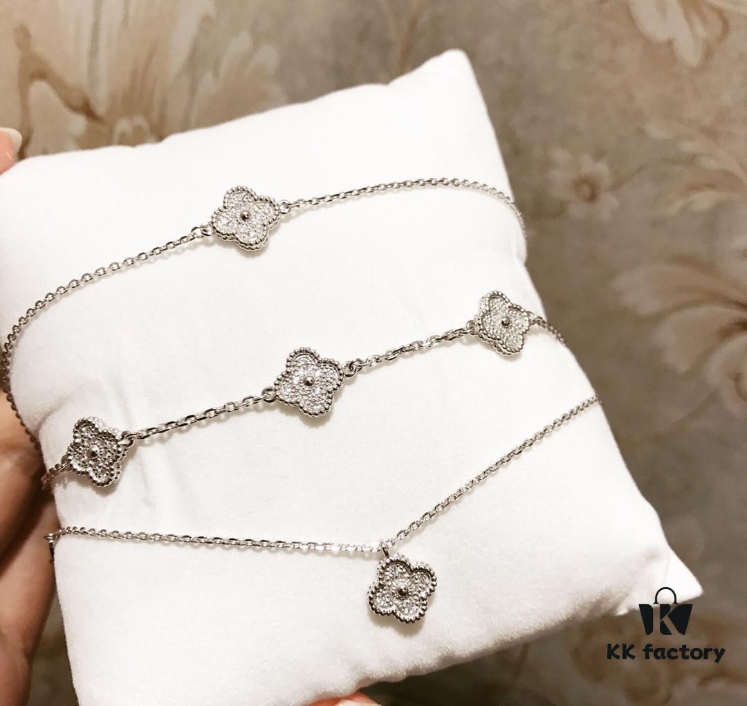 692fc0b899f2d84055c8823c Mini Four-Leaf Clover Full Diamond Bracelet and Necklace in V-Gold and Silver, Single Flower and Six-Flower Designs Available