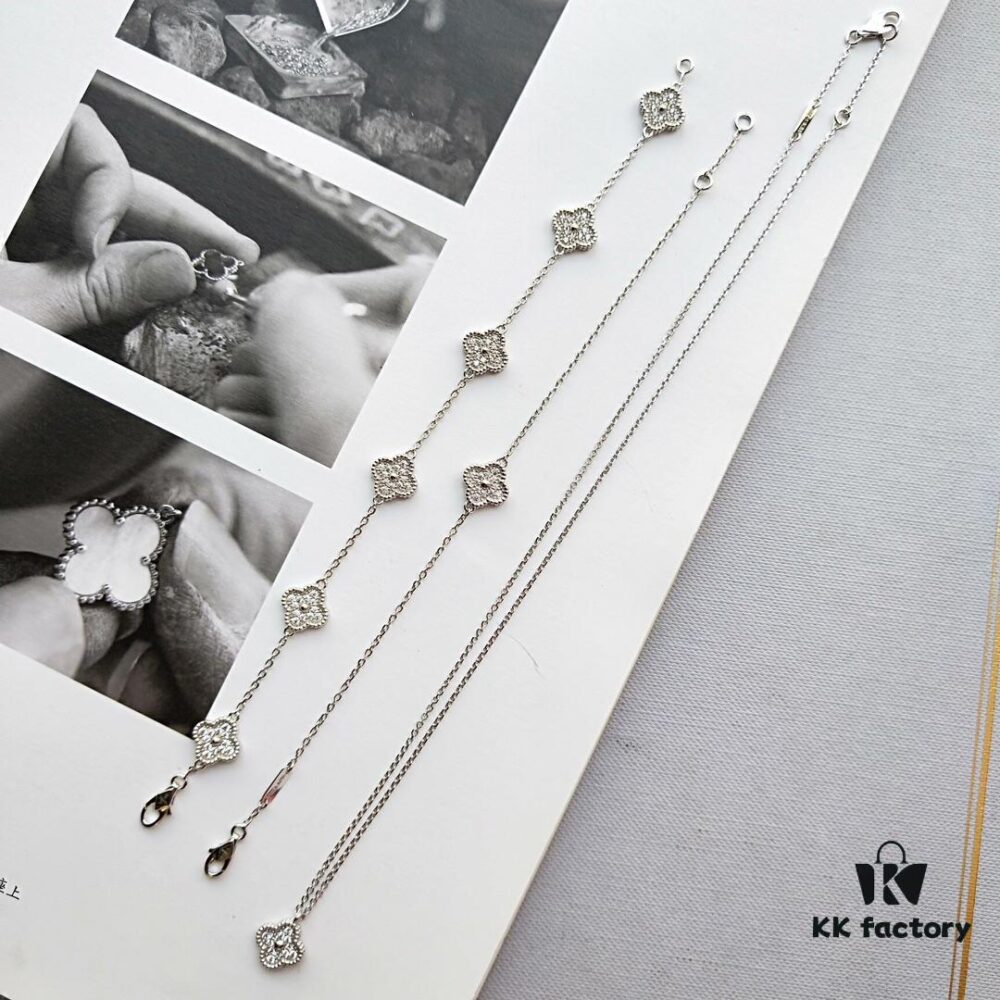 692fc0ba99f2d84055c88240 Mini Four-Leaf Clover Full Diamond Set, V Gold Plated Bracelet and Necklace with Single or Six Flowers