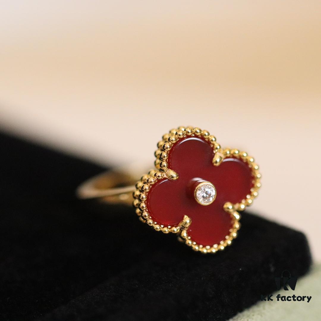 692fc0c299f2d84055c88252 In Stock Now! VC@ Clover Diamond Ring with Red Carnelian, Malachite, Black Onyx, and White Mother of Pearl