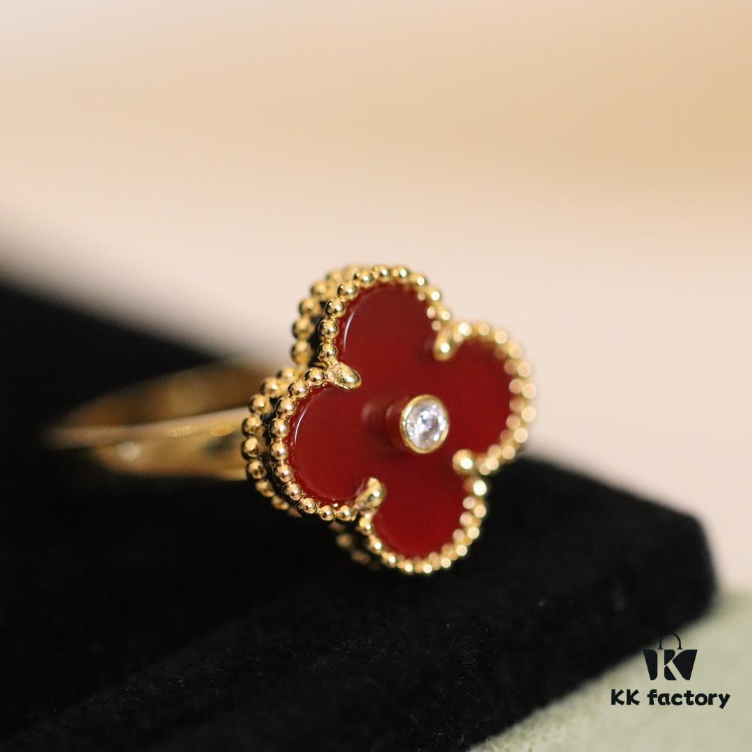 692fc0c299f2d84055c88253 In Stock Now! VC@ Clover Diamond Ring with Red Carnelian, Malachite, Black Onyx, and White Mother of Pearl