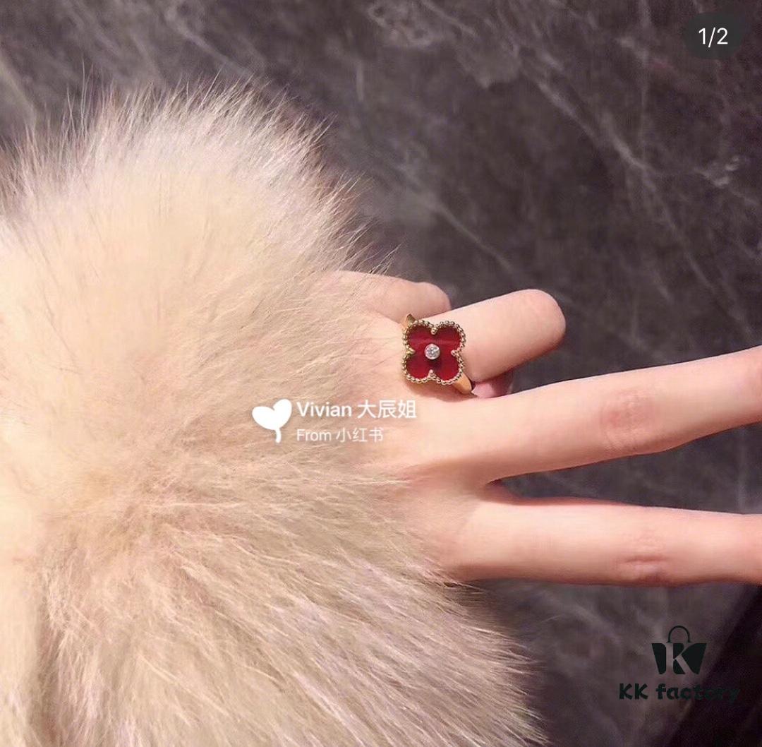 692fc0ce99f2d84055c8826c Clover Ring Inspired by Spring Rain, Featuring Yellow Gold Beaded Edge with Red Carnelian, Black Onyx, and White Mother-of-Pearl