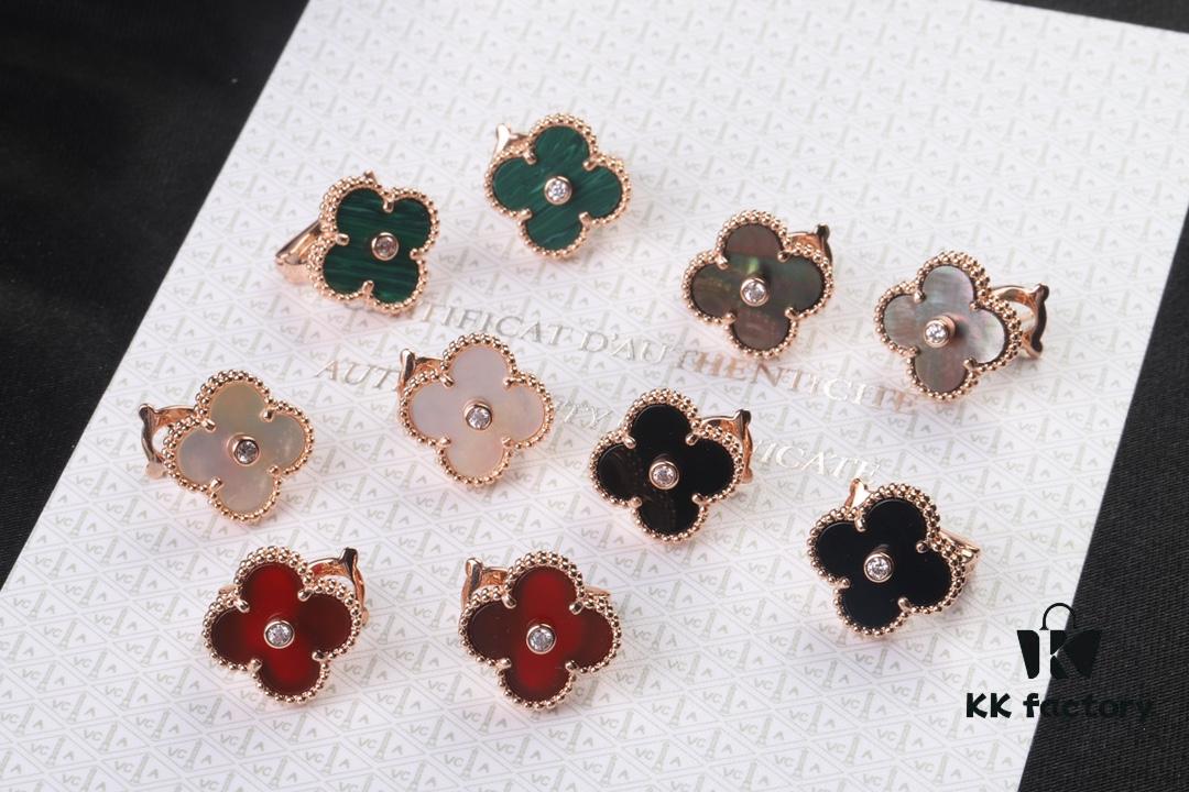 692fc10e99f2d84055c882e0 VCA New Version Rose Gold Natural Peacock Green White Shell Gray Shell Black Onyx Red Onyx Diamond-Studded Ear Clips, Market High-End Limited Edition 1:1 Premium Custom 925 Sterling Silver VCA Van Cleef & Arpels Clove Leaf Store Exclusive Tourist Essential Must-Have Original Lobster Clasp Top Quality