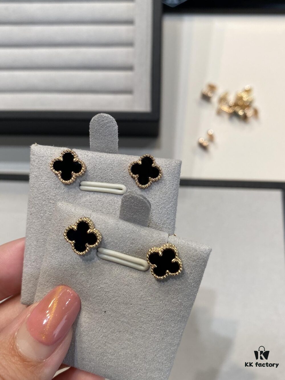692fc1c399f2d84055c883d7 Mini Four-Leaf Clover Earrings, Black with Gold and Rose Gold Accents