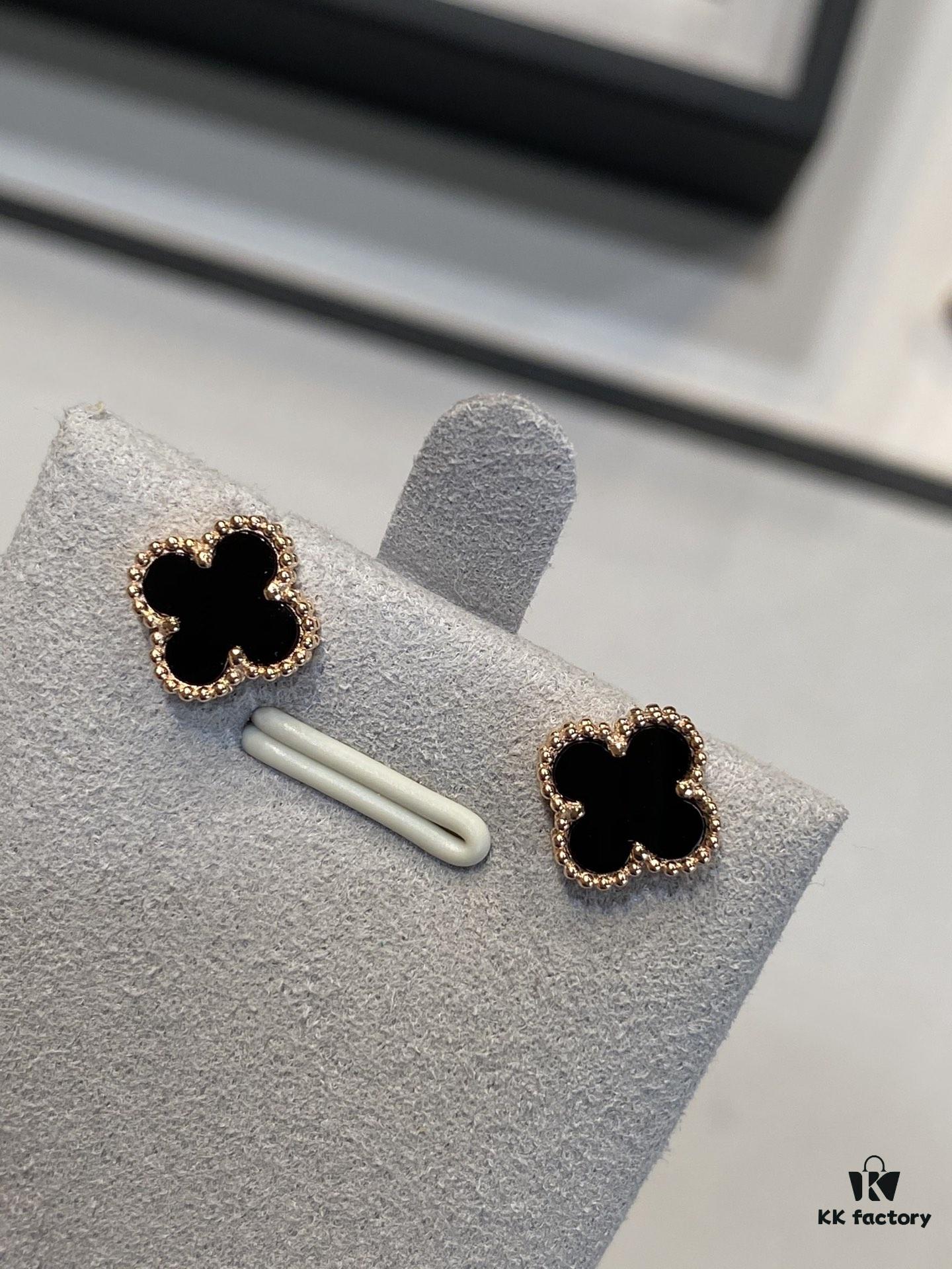 Mini Four-Leaf Clover Earrings, Black with Gold and Rose Gold Accents