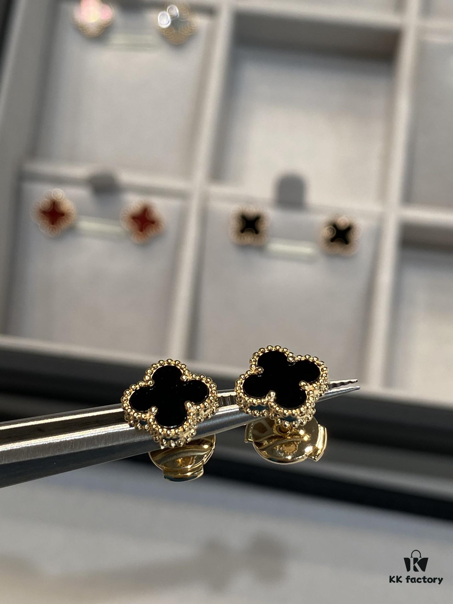Mini Four-Leaf Clover Earrings, Black with Gold and Rose Gold Accents