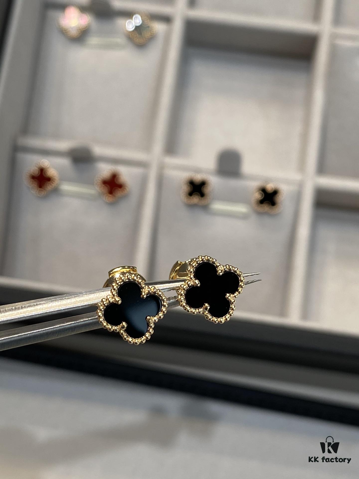 Mini Four-Leaf Clover Earrings, Black with Gold and Rose Gold Accents