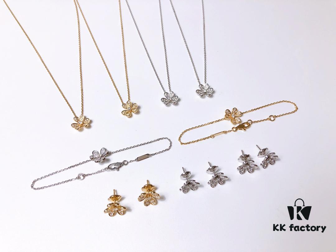 VCA Little Petal Full Diamond Necklace, Bracelet, and Stud Earrings