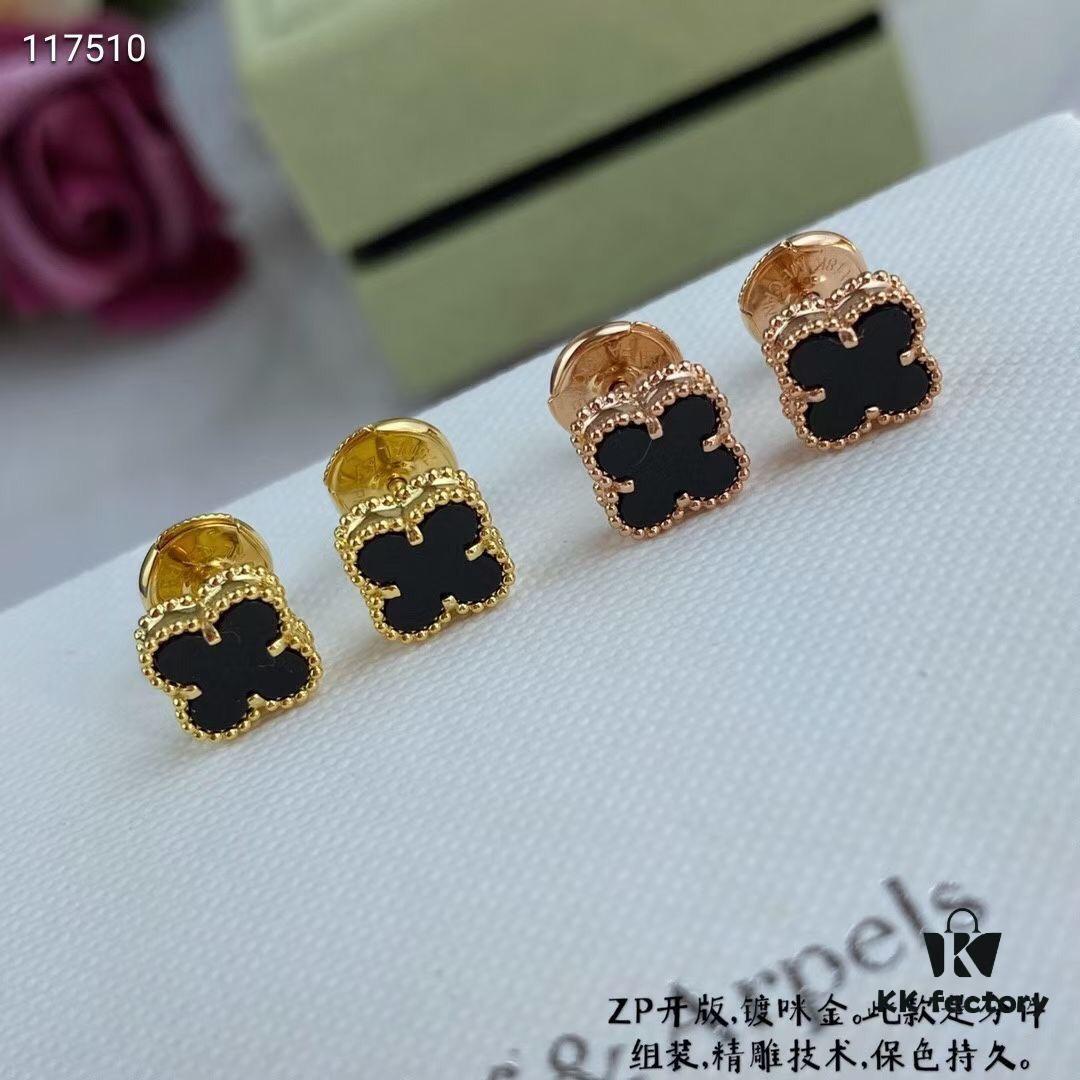 692fc24b99f2d84055c884a1 VCA Clovers Mini Black Onyx Earrings with Flying Saucer Backs, ZP Gold Plated V Gold Upgrade Version