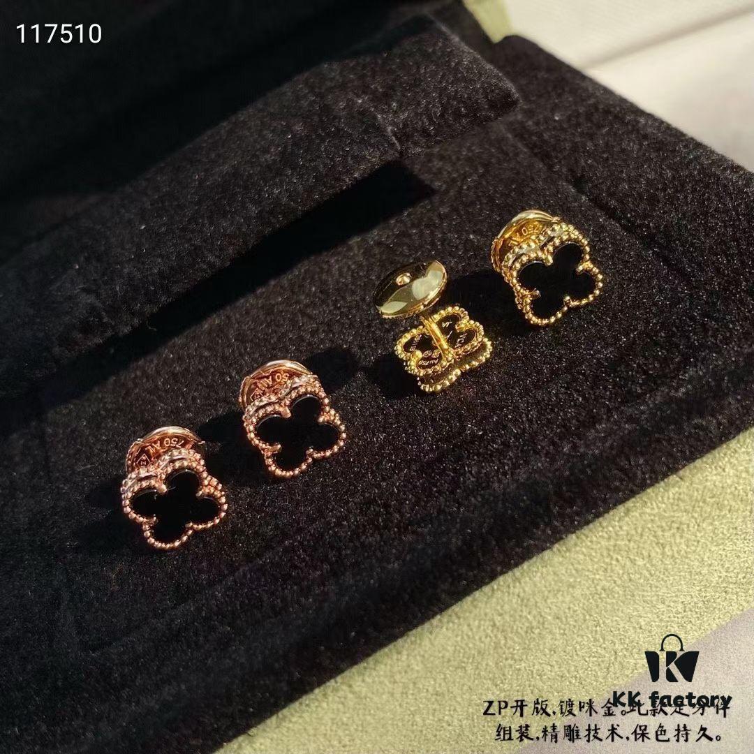 692fc25099f2d84055c884a8 VCA Clovers Mini Black Onyx Earrings with Flying Saucer Backs, ZP Gold Plated V Gold Upgrade Version