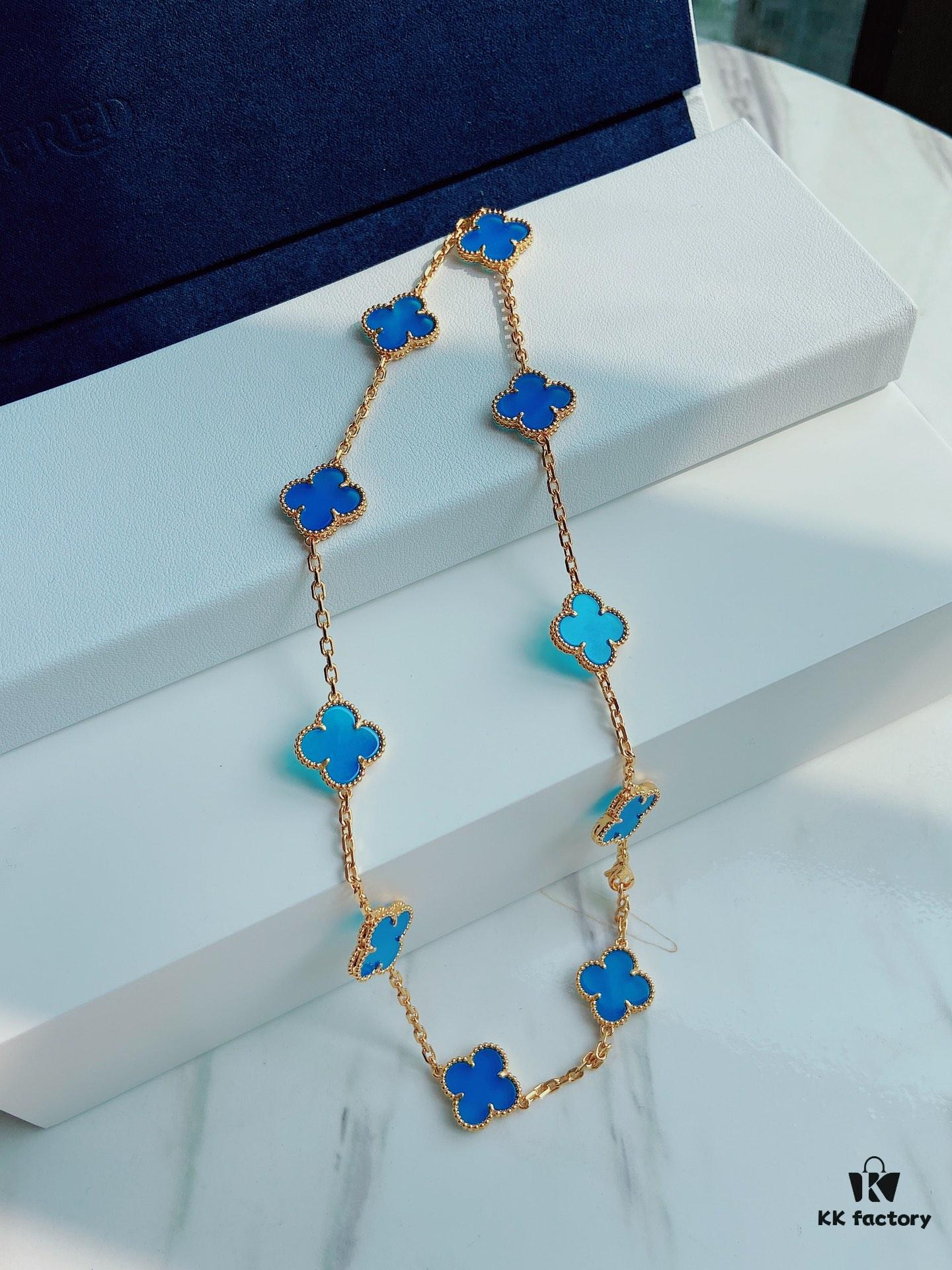 692fc26c99f2d84055c884de VCA Alhumbert Vintage Ten-Flower Yellow Gold Blue Chalcedony Necklace