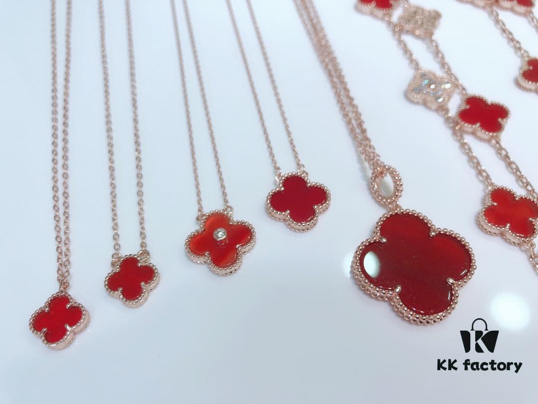 Clover Red Agate Set with Bracelet, Necklace, Sweater Chain, Stud Earrings, and Earrings