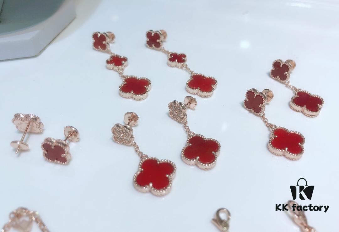 Clover Red Agate Set with Bracelet, Necklace, Sweater Chain, Stud Earrings, and Earrings