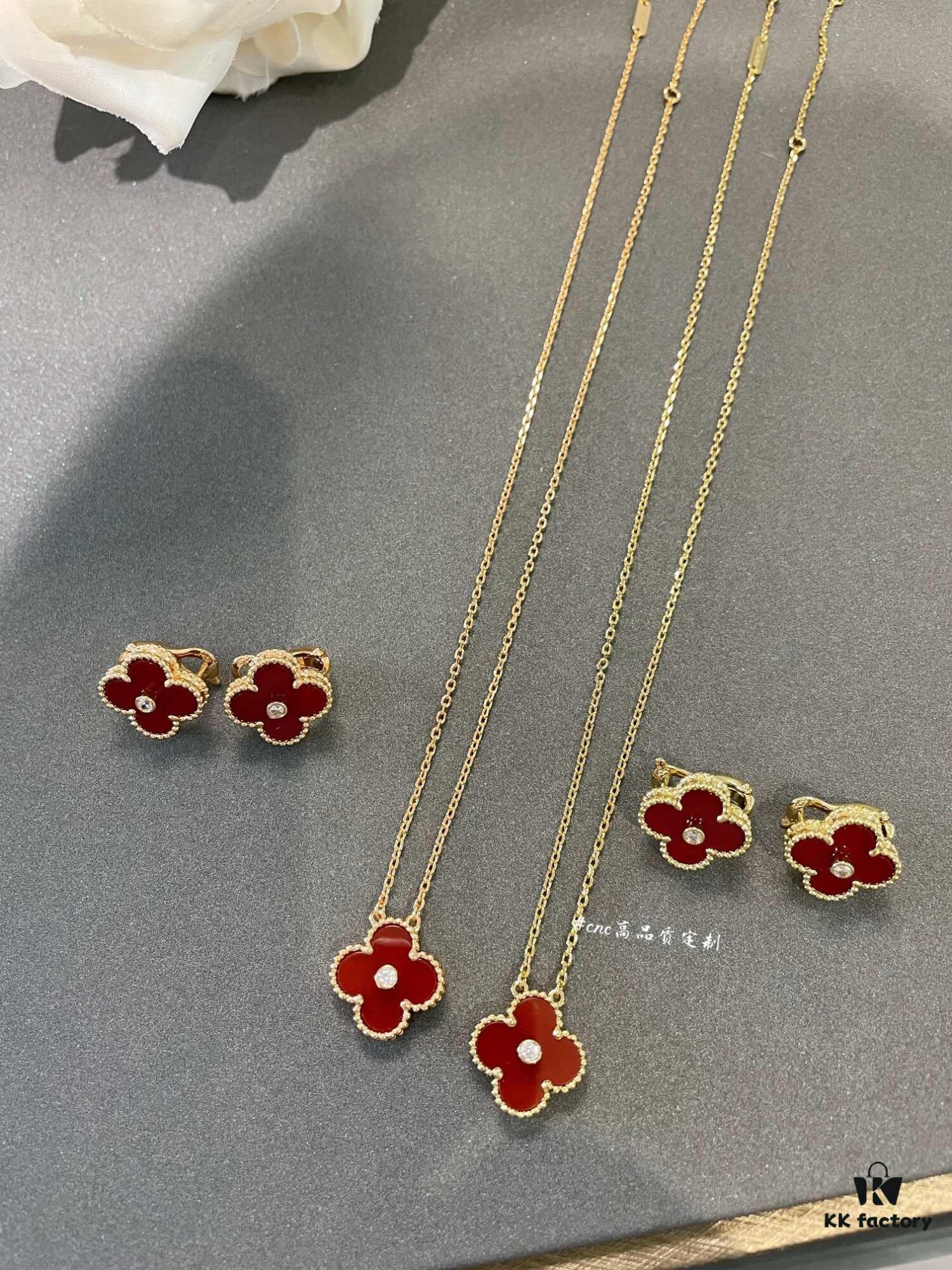 Lucky Cloverleaf with Red Carnelian! Mini Stud Earrings and Bracelet Also in Stock, Can Be Paired as a Set