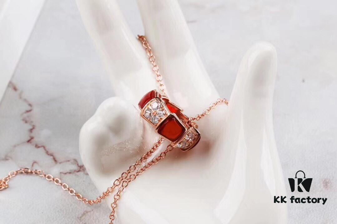 692fc3d799f2d84055c88705 Bulgari BVLGARI 2018 Red Agate and White Agate Diamond-Paved Snake Bone Pendant Necklace