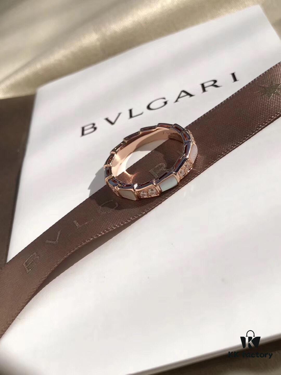 692fc4f799f2d84055c8890e Bvlgari Serpenti Viper Series Mother-of-Pearl Snake Bone Ring in S925 Silver with 18K Gold Plating, Embellished with 12 Diamonds and 6 White Shell Inlays