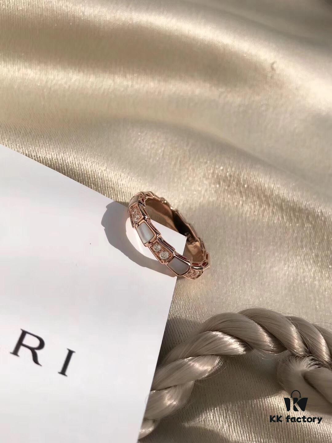 692fc4fa99f2d84055c88910 Bvlgari Serpenti Viper Series Mother-of-Pearl Snake Bone Ring in S925 Silver with 18K Gold Plating, Embellished with 12 Diamonds and 6 White Shell Inlays