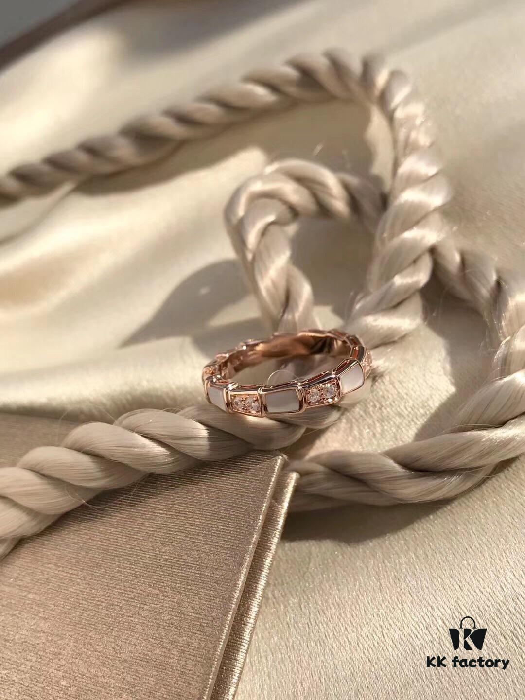 692fc4fb99f2d84055c88912 Bvlgari Serpenti Viper Series Mother-of-Pearl Snake Bone Ring in S925 Silver with 18K Gold Plating, Embellished with 12 Diamonds and 6 White Shell Inlays