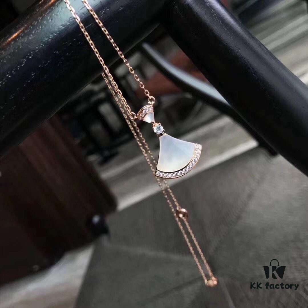 Bvlgari Silver Edition Pendant Necklace, 925 Sterling Silver with 18K Gold Plating, Swarovski Crystals and Natural Mother-of-Pearl Inlay