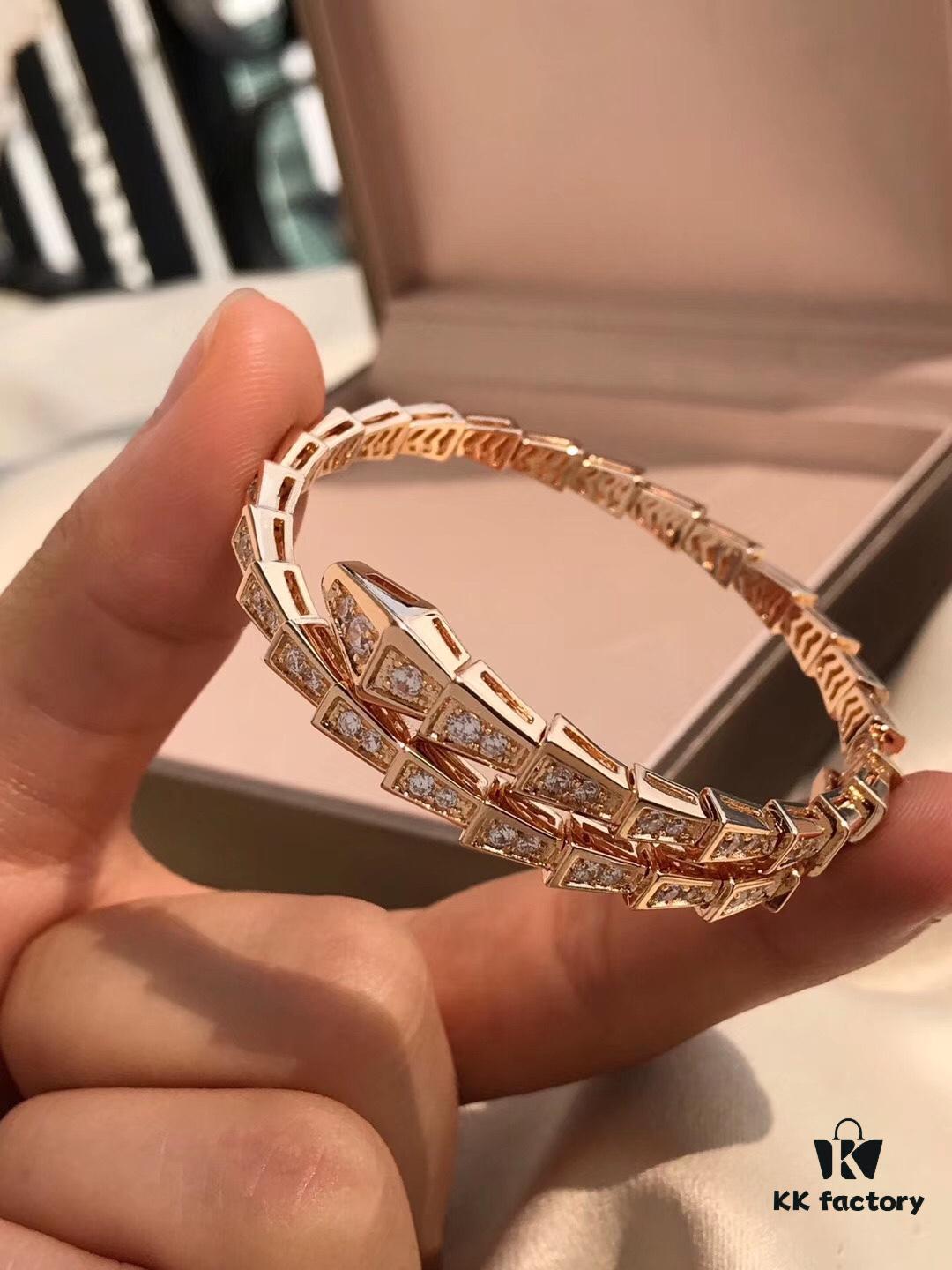 Bvlgari Serpenti Viper Full Diamond Snake Bone Bracelet in S925 Silver with 18K Gold Plating