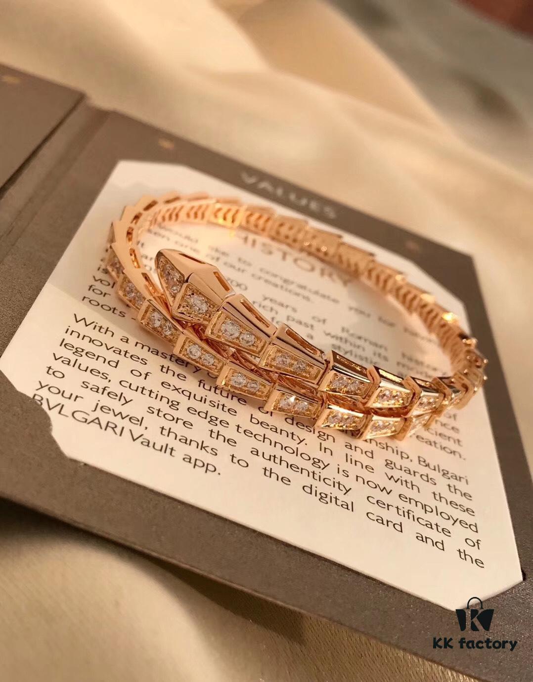 Bvlgari Serpenti Viper Full Diamond Snake Bone Bracelet in S925 Silver with 18K Gold Plating