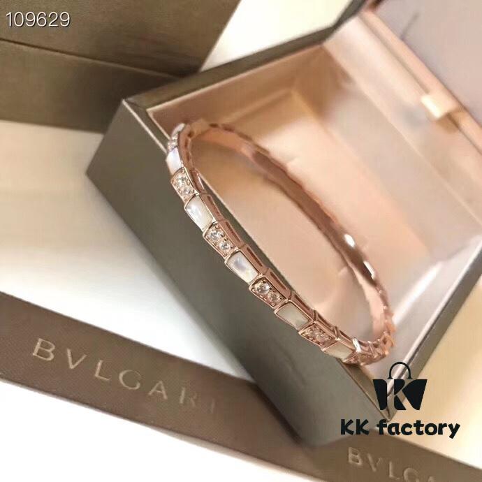 692fc62599f2d84055c88af5 BVLGARI Classic Reimagined Natural Shell Snake Bangle Bracelet in Rose Gold with Diamond Accents, Premium 925 Sterling Silver Thick Gold Plated with Mother of Pearl
