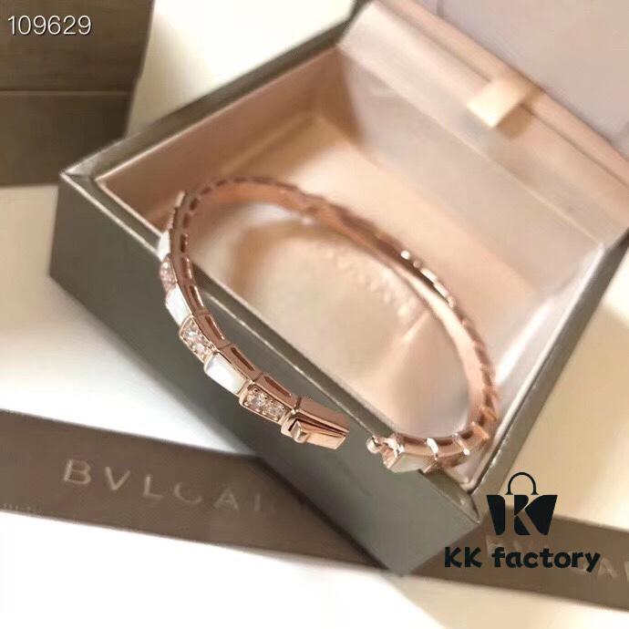 692fc62699f2d84055c88af6 BVLGARI Classic Reimagined Natural Shell Snake Bangle Bracelet in Rose Gold with Diamond Accents, Premium 925 Sterling Silver Thick Gold Plated with Mother of Pearl
