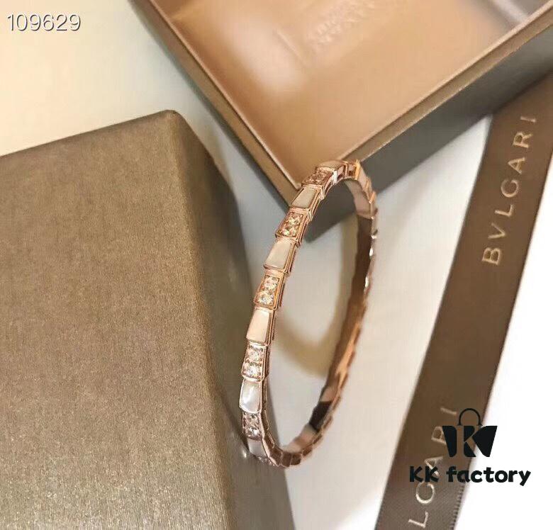 692fc62699f2d84055c88af7 BVLGARI Classic Reimagined Natural Shell Snake Bangle Bracelet in Rose Gold with Diamond Accents, Premium 925 Sterling Silver Thick Gold Plated with Mother of Pearl