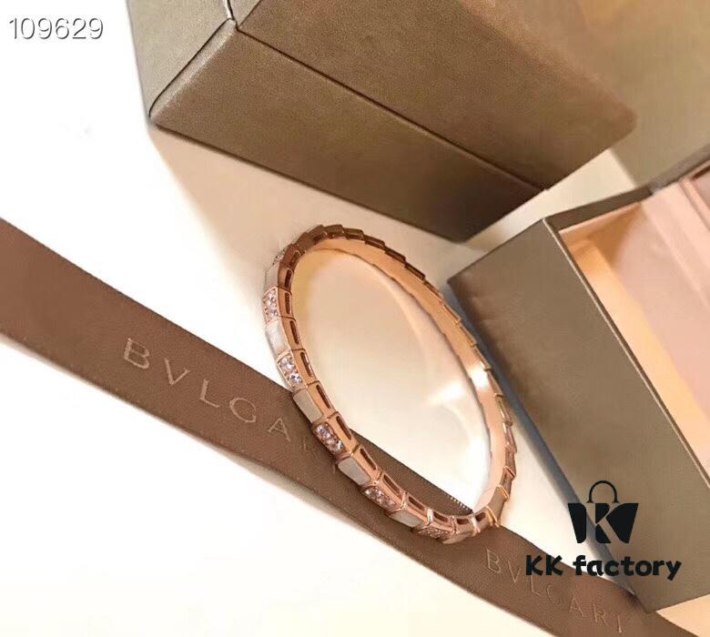 692fc62899f2d84055c88afa BVLGARI Classic Reimagined Natural Shell Snake Bangle Bracelet in Rose Gold with Diamond Accents, Premium 925 Sterling Silver Thick Gold Plated with Mother of Pearl