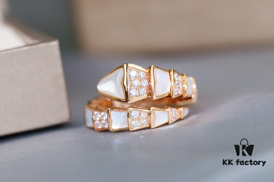 692fc70b99f2d84055c88cfe Bvlgari Serpenti Series White Mother-of-Pearl Diamond-Inlaid Snake Ring, V Gold Material with Imported High-Carbon Diamonds, Hand-Set, Adjustable Unisex Ring