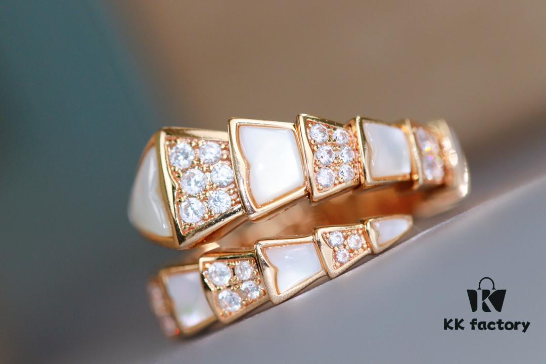 692fc70b99f2d84055c88cff Bvlgari Serpenti Series White Mother-of-Pearl Diamond-Inlaid Snake Ring, V Gold Material with Imported High-Carbon Diamonds, Hand-Set, Adjustable Unisex Ring