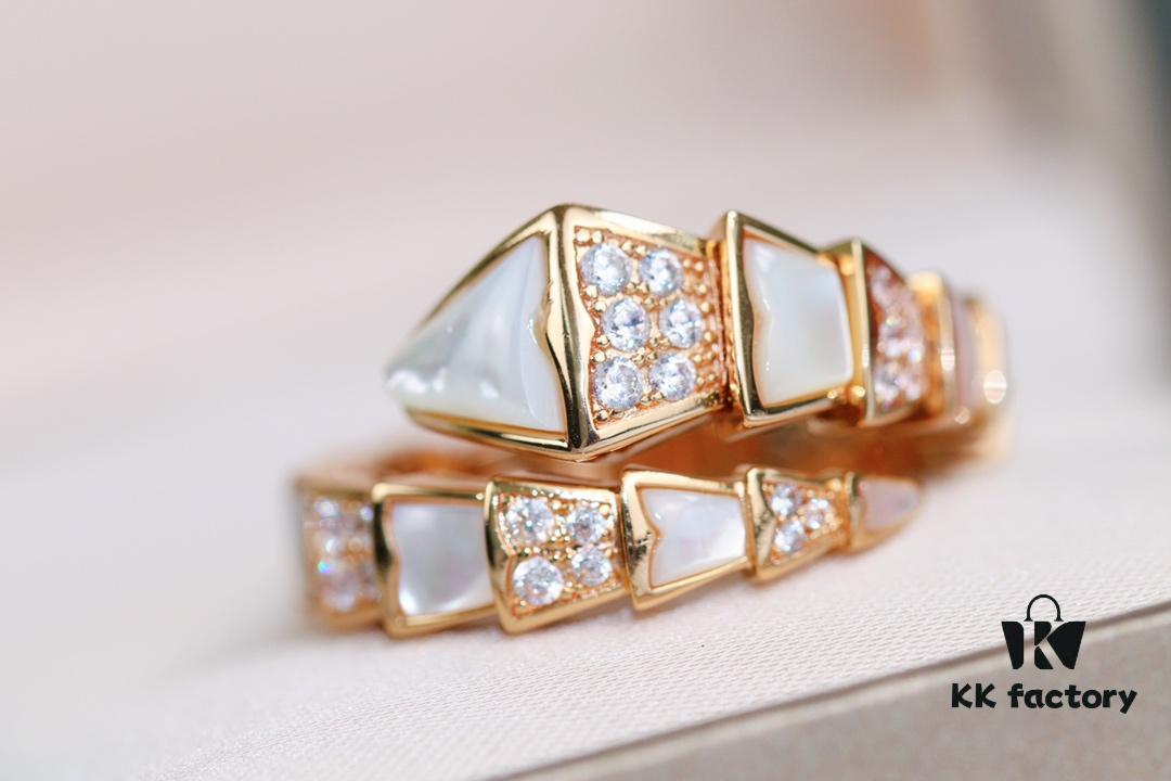 692fc70b99f2d84055c88d01 Bvlgari Serpenti Series White Mother-of-Pearl Diamond-Inlaid Snake Ring, V Gold Material with Imported High-Carbon Diamonds, Hand-Set, Adjustable Unisex Ring