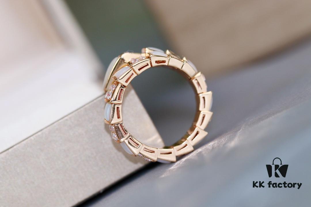 692fc70c99f2d84055c88d04 Bvlgari Serpenti Series White Mother-of-Pearl Diamond-Inlaid Snake Ring, V Gold Material with Imported High-Carbon Diamonds, Hand-Set, Adjustable Unisex Ring