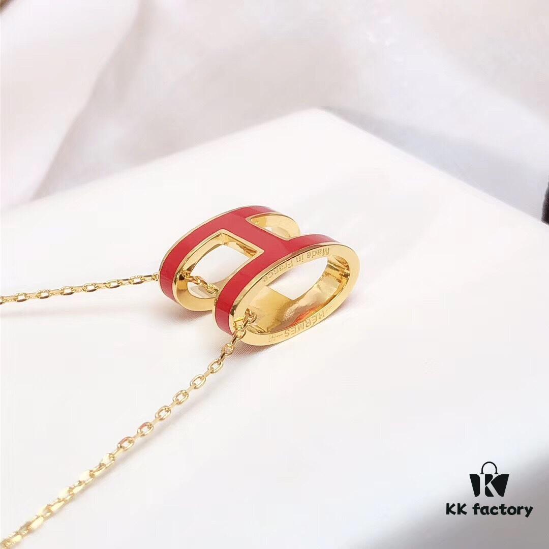 692fc85199f2d84055c88efe Hermès Enamel Curved H Necklace in Gold Tones