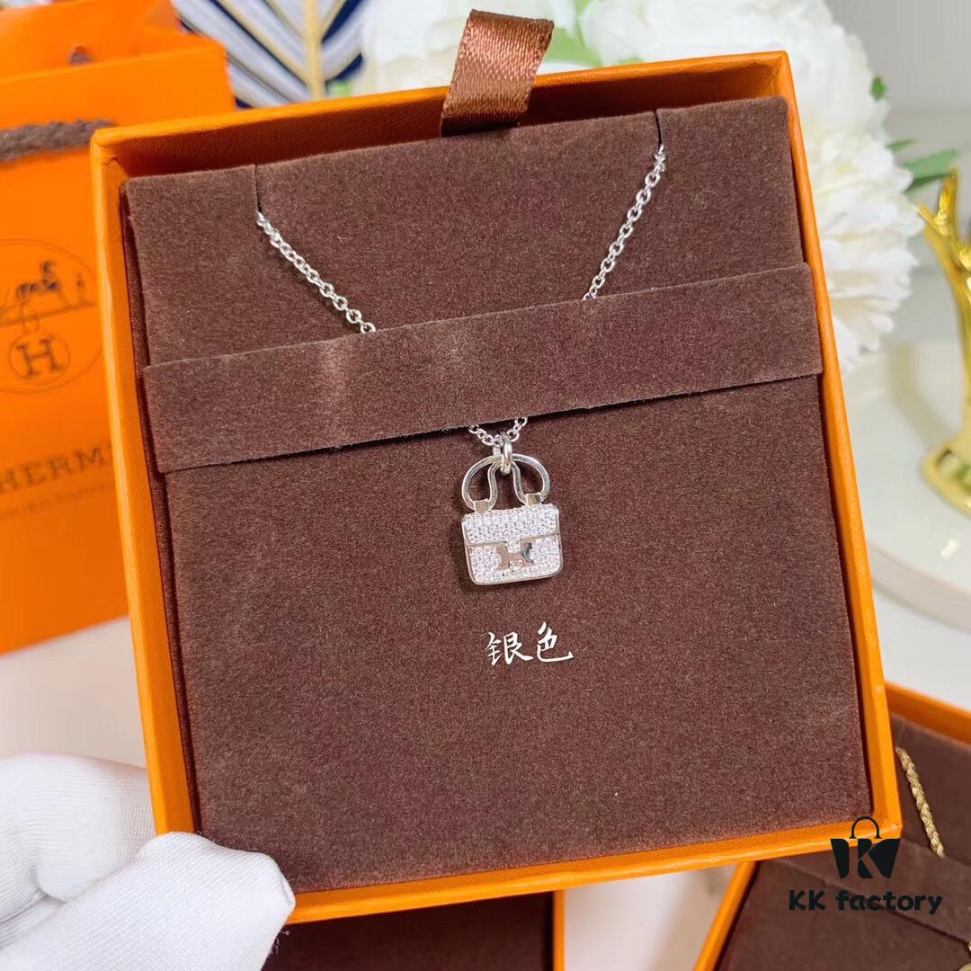 692fc85f99f2d84055c88f0f Hermes HERMES Bag Pendant Necklace, 925 Sterling Silver Plated with 18K Gold, Full Diamond and Logo Design, Available in Gold, Rose Gold, and Silver