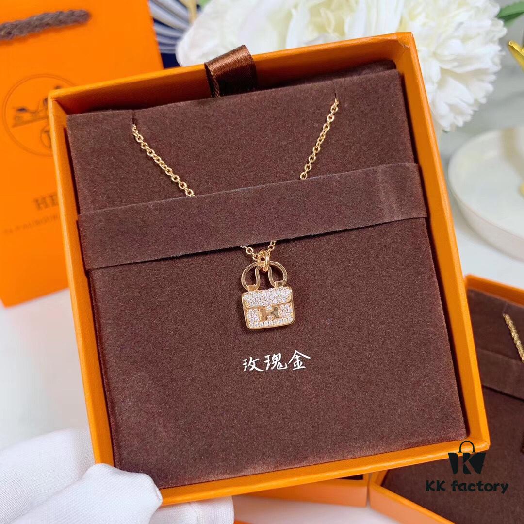 692fc85f99f2d84055c88f10 Hermes HERMES Bag Pendant Necklace, 925 Sterling Silver Plated with 18K Gold, Full Diamond and Logo Design, Available in Gold, Rose Gold, and Silver