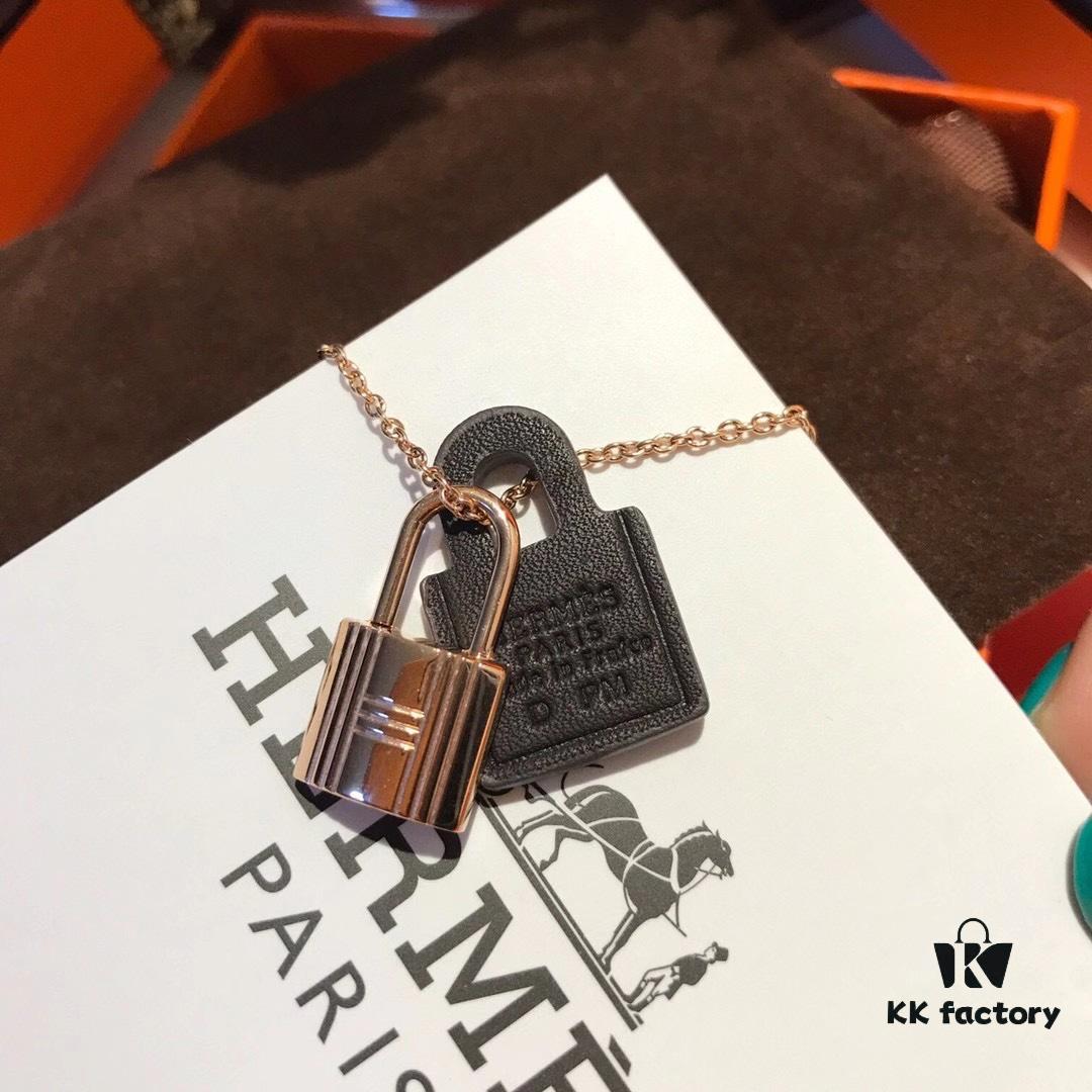 Hermès New Leather Lock Necklace in Rose Gold & White Gold
