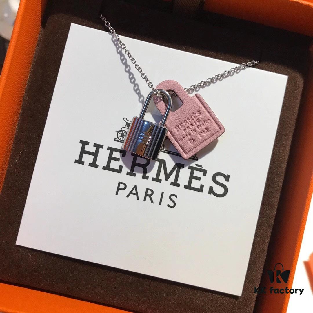 Hermès New Leather Lock Necklace in Rose Gold & White Gold